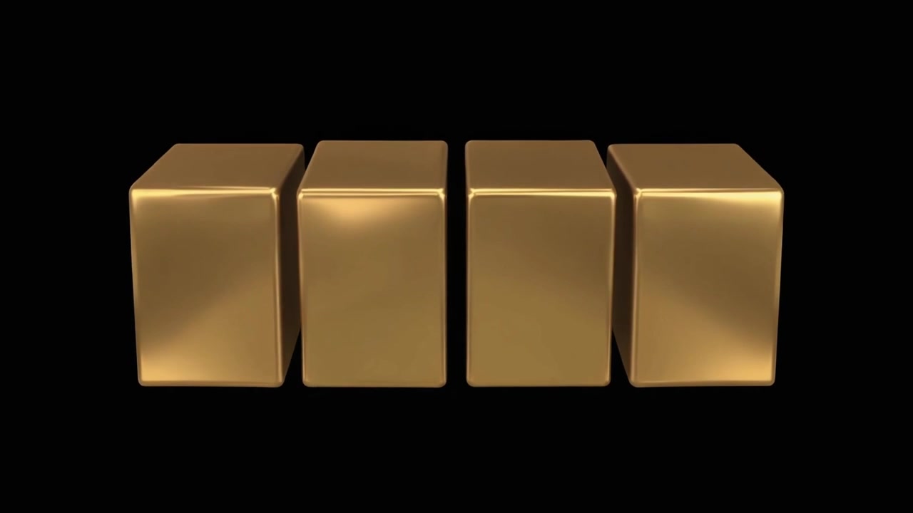 Quatro Cubos Dourados Girando e se Empilhando em Fundo Preto