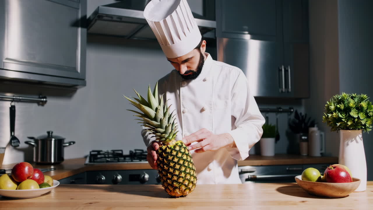 Chef preparing pineapple in a kitchen