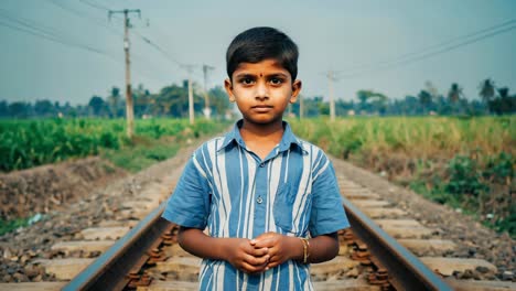 young boy standing on railroad tracks with a serene expression in a rural landscape of green fields and power lines, embodying childhood, travel, and simplicity