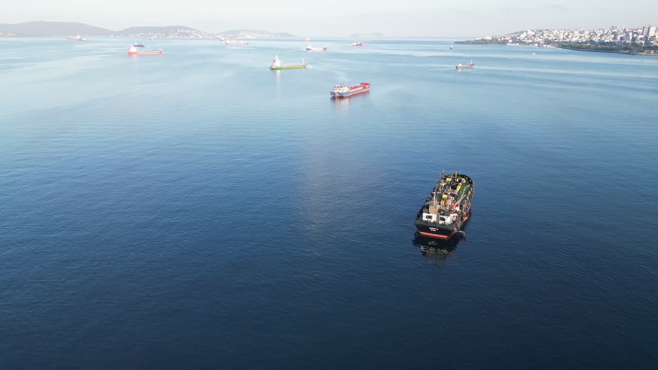 Solitary Cargo Ship Anchored in Calm Waters with Other Ships in the Distance
