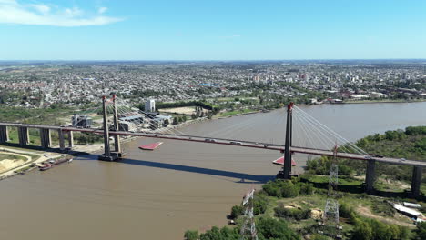 flying towards of bartolomé mitre zárate brazo largo bridge over parana river, argentina