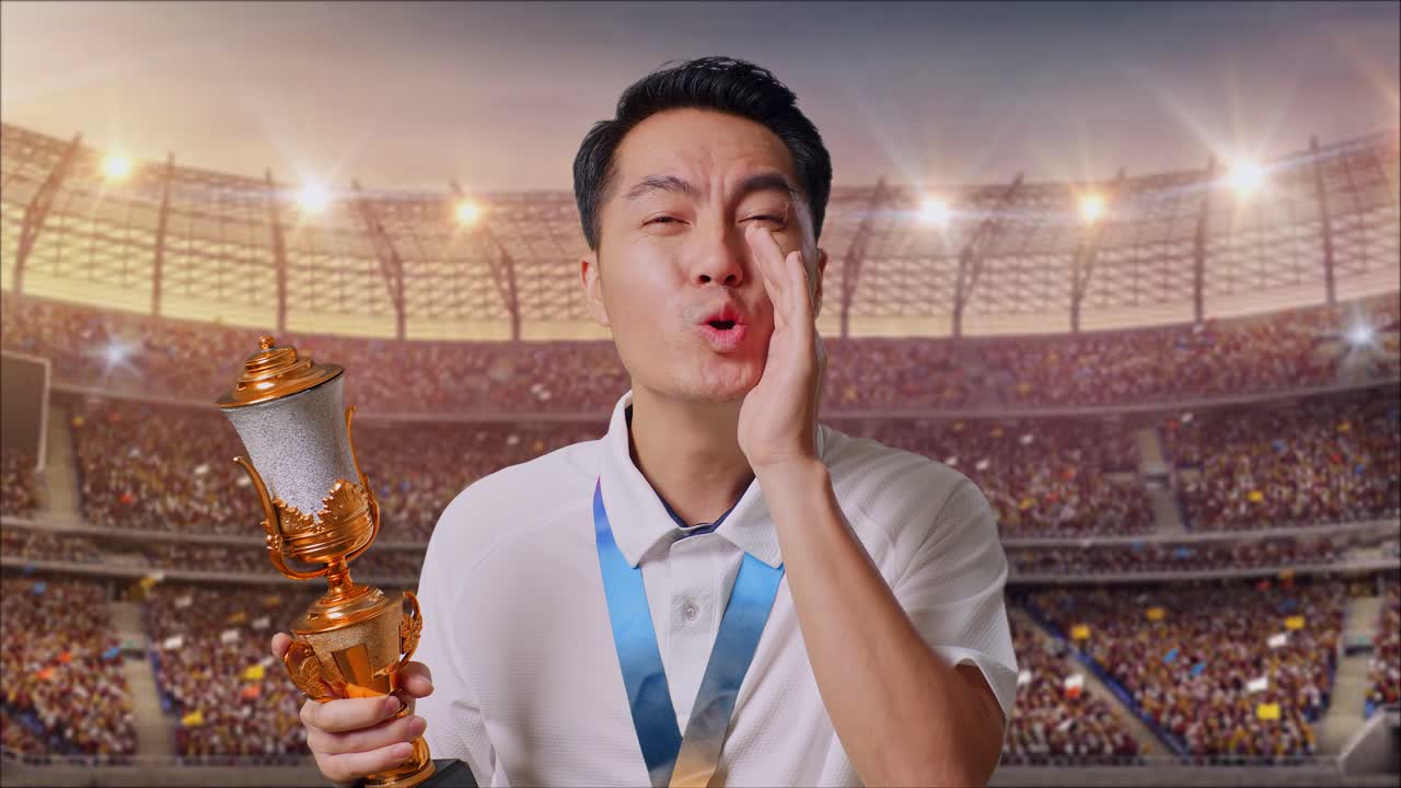 금메달을  아시아 남자가 금 트로피를 들고 스타디움에서 입 위에 손으로 긍정적으로 소리치고 있습니다.