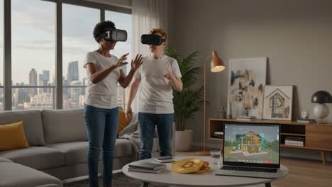 engaging in virtual reality exploration: a couple navigates 3d environments while interacting with digital designs in a modern living space