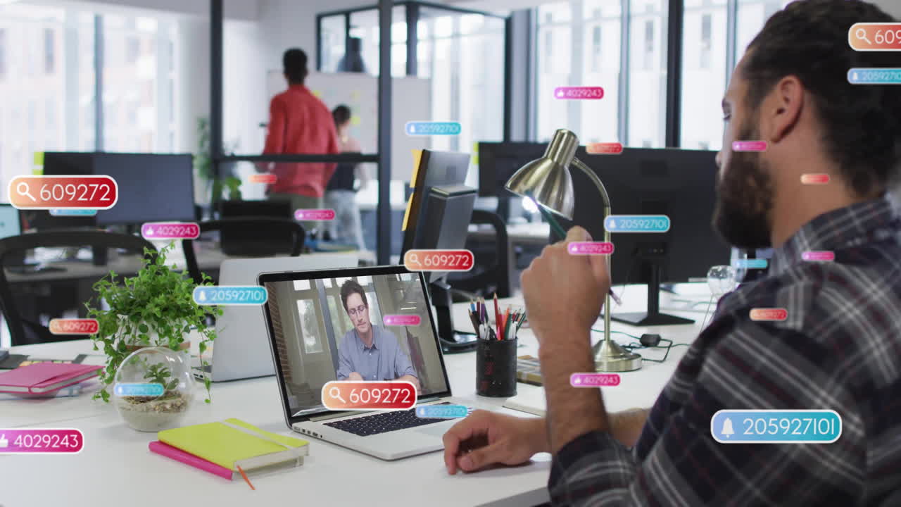 Video call with data processing animation over office workspace
