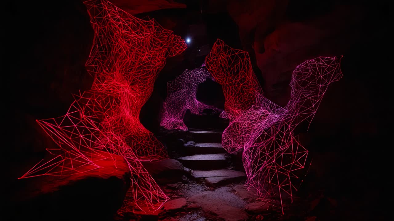 Captivating Light Structures in an Enigmatic Cave: A Visual Exploration of Intricate Geometric Shapes Illuminating the Dark Pathway, Merging Nature with Artistry