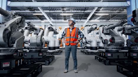 ingeniero observando brazos robóticos en una fábrica moderna