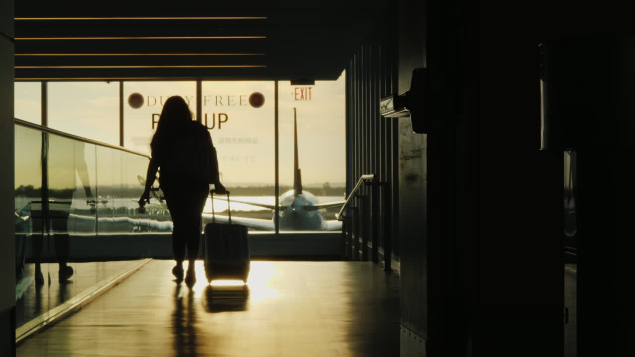 The Silhouette Of The Passenger Comes With A Travel Bag To Board The Plane