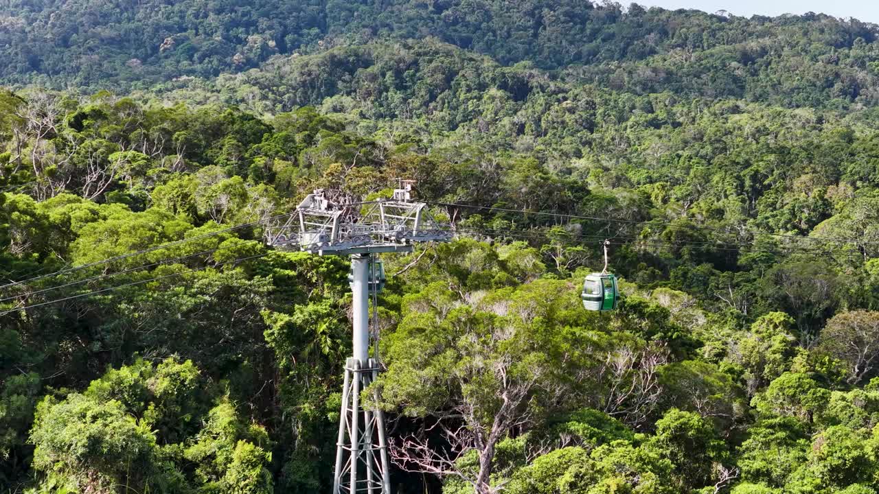 Cable cars glide over a dense rainforest, showcasing vibrant greenery and serene landscapes from an elevated perspective