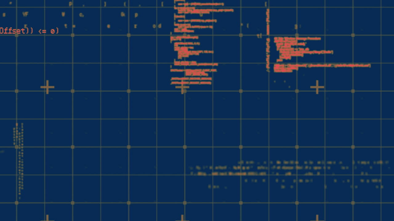 Animation of data processing over grid on blue background