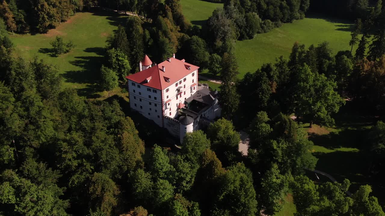 A drone shot over a Castle Snežnik in Slovenia