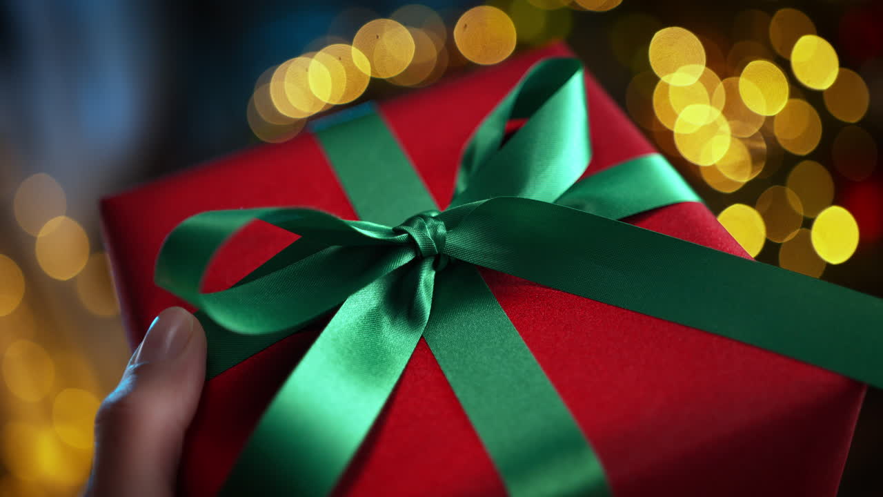 Opening A Red Christmas Gift Tied With A Green Ribbon, Magical Xmas Atmosphere in Macro and Slow Motion