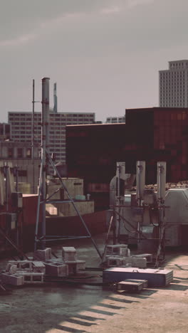 a rooftop cityscape with an antenna and other equipment