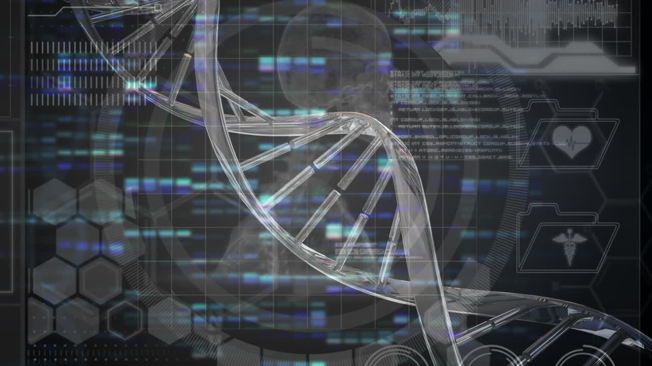 Animation of 3d dna strand spinning and data processing over human skeleton