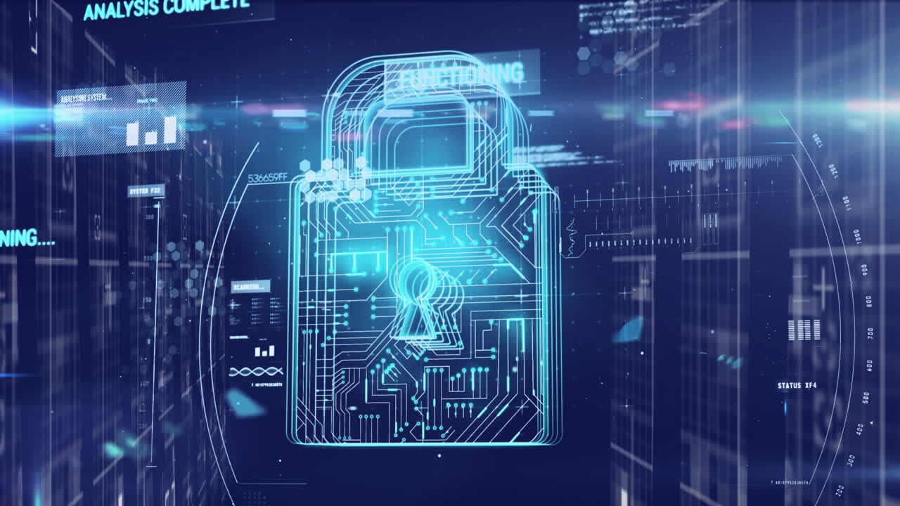 Digital animation of glowing security padlock icon and data processing against blue background