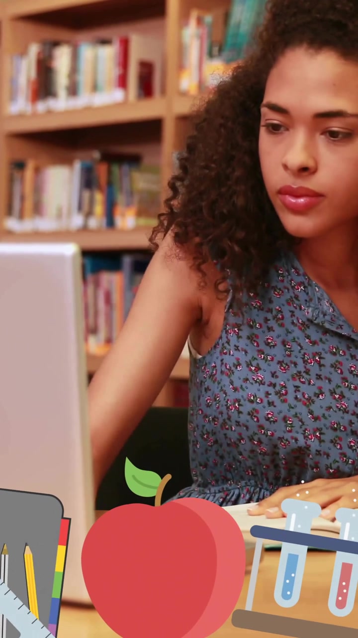 Animation of school items icons over female teacher in library