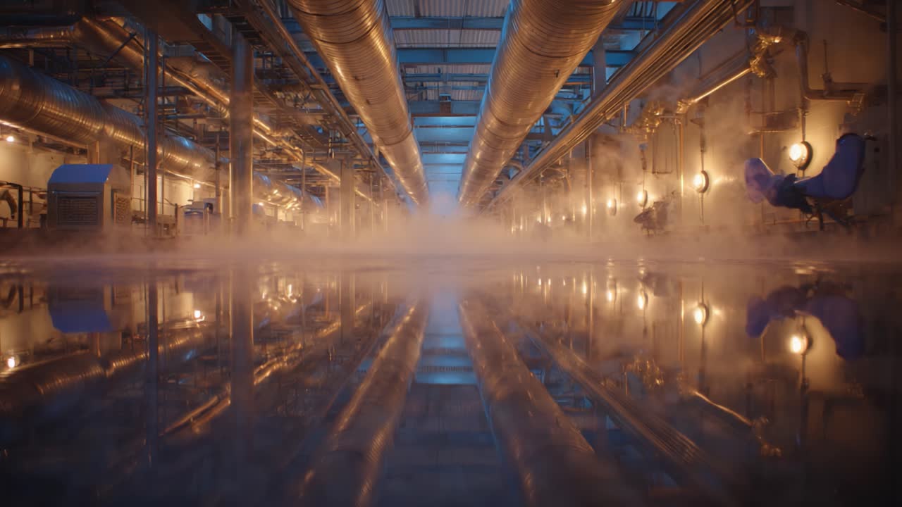 A Serene Industrial Environment Shrouded in Mist: Capturing the Calmness Amidst Advanced Machinery and Reflective Surfaces