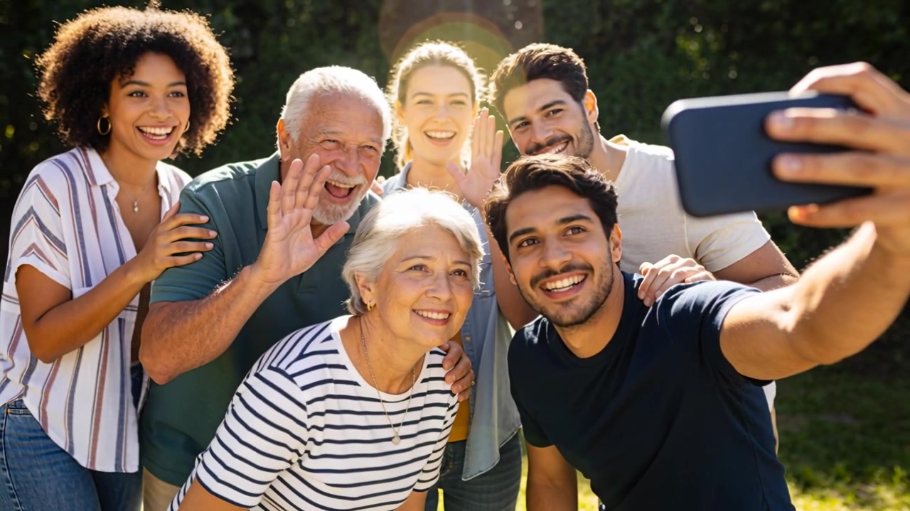 Hombre de la derecha en primer plano levantando el smartphone, guiando a la familia para posar en un jardín soleado, con ropa informal.