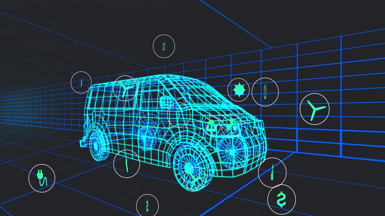 터널에서 원활한 패턴으로 움직이는 3d 밴 모델 위의 여러 디지털 아이콘의 애니메이션
