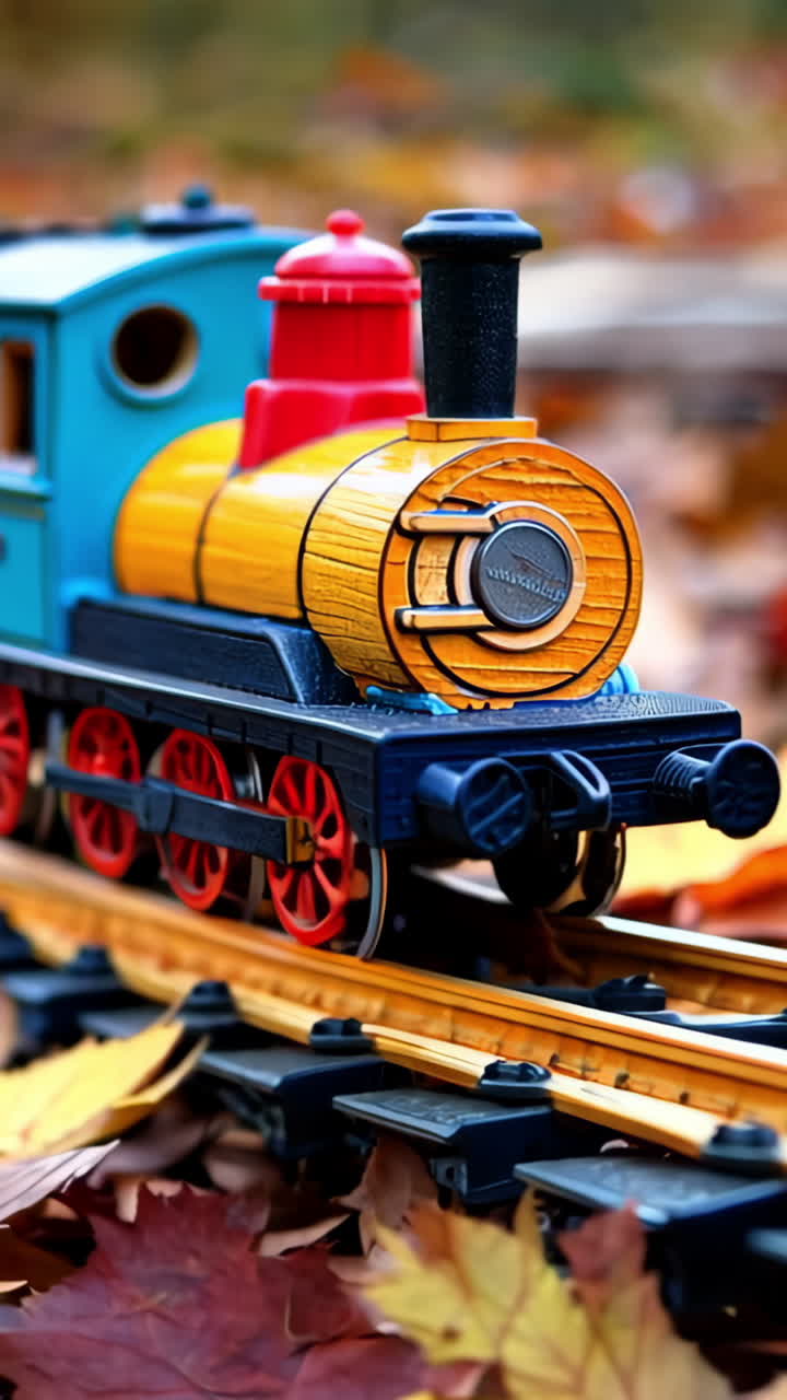 A toy train is on a track with leaves on the ground. The train is yellow and blue