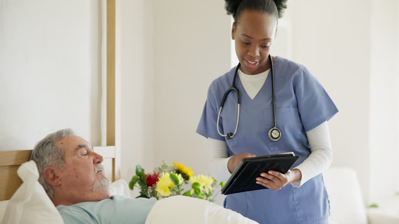 Tablet, nurse and senior man in bed