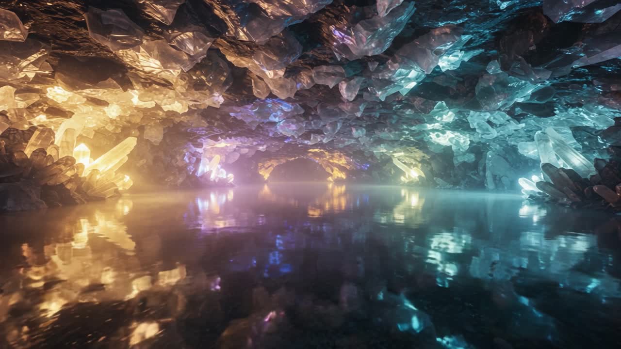 A Stunning Crystal Cave with Shimmering Reflections and Ethereal Colors Captured in Two Frames Showcasing the Beauty of Nature's Underground Creation