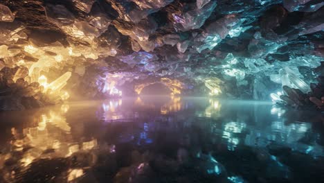 a stunning crystal cave with shimmering reflections and ethereal colors captured in two frames showcasing the beauty of nature's underground creation