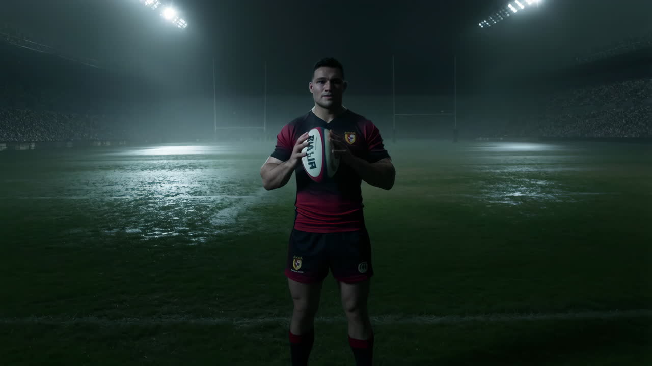 Rugby Player with Ball on a Floodlit Stadium Field