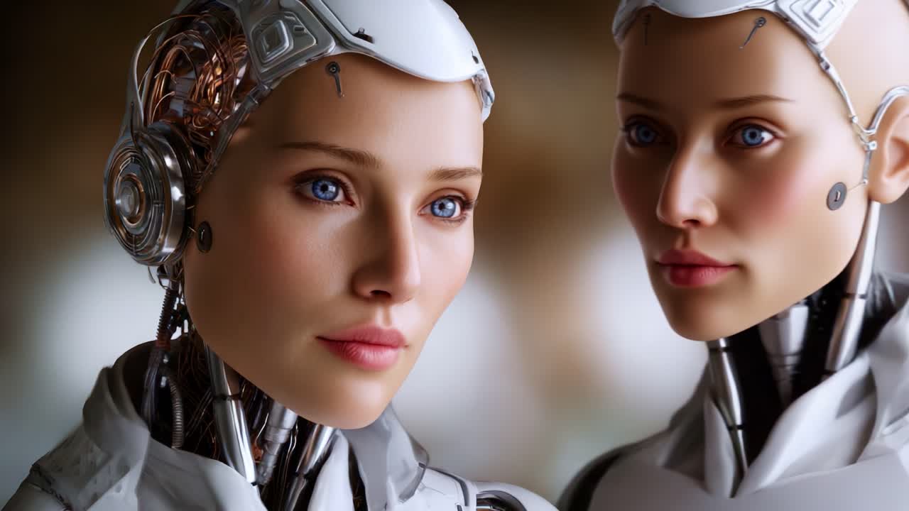 Detailní záběr futuristického ženského robota s propracovanými mechanickými detaily, který představuje technologický pokrok a rysy podobné lidským v robotice