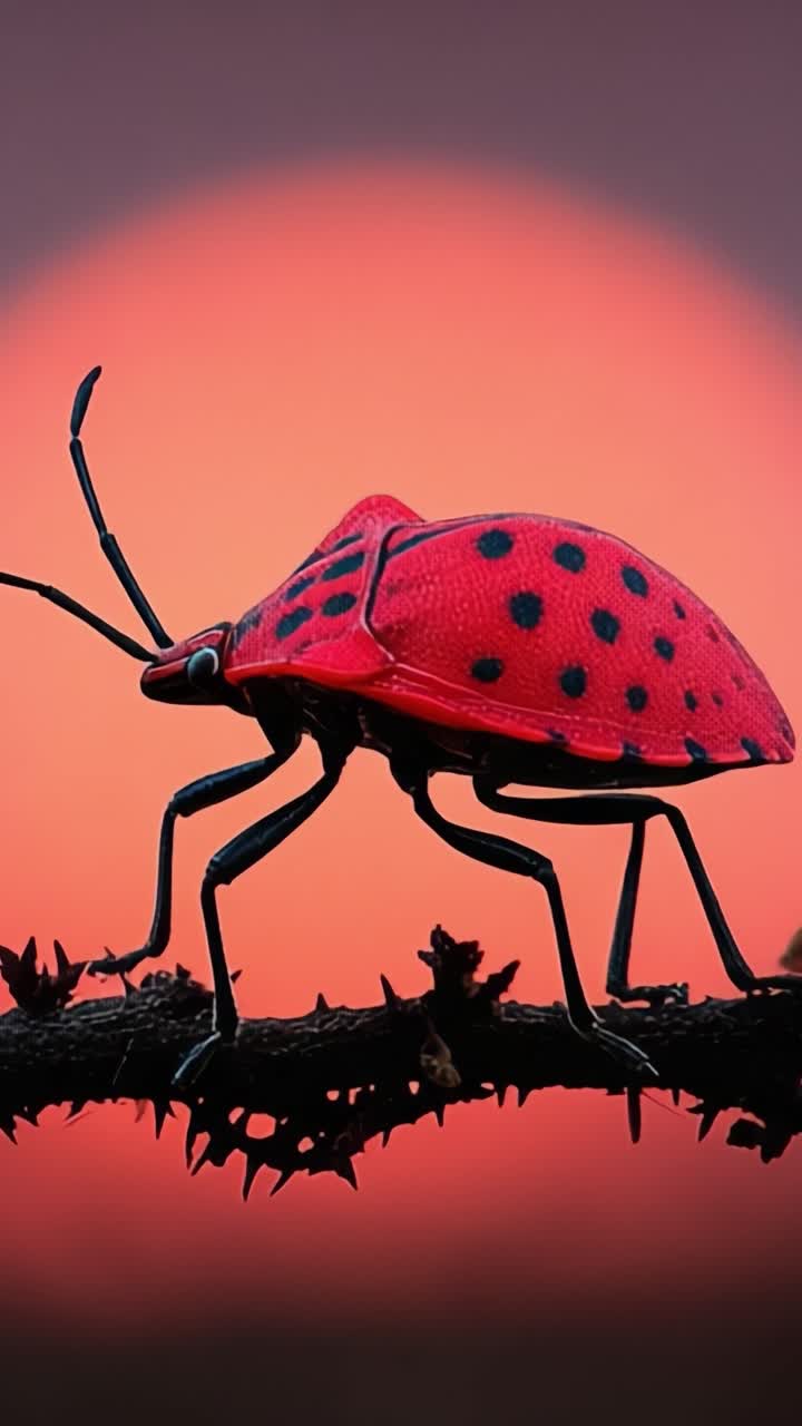 A Vibrant Red Bug with Black Spots Sits on a Thorny Branch Against a Stunning Sunset Background, Capturing Nature's Intricate Beauty and Colorful Creatures