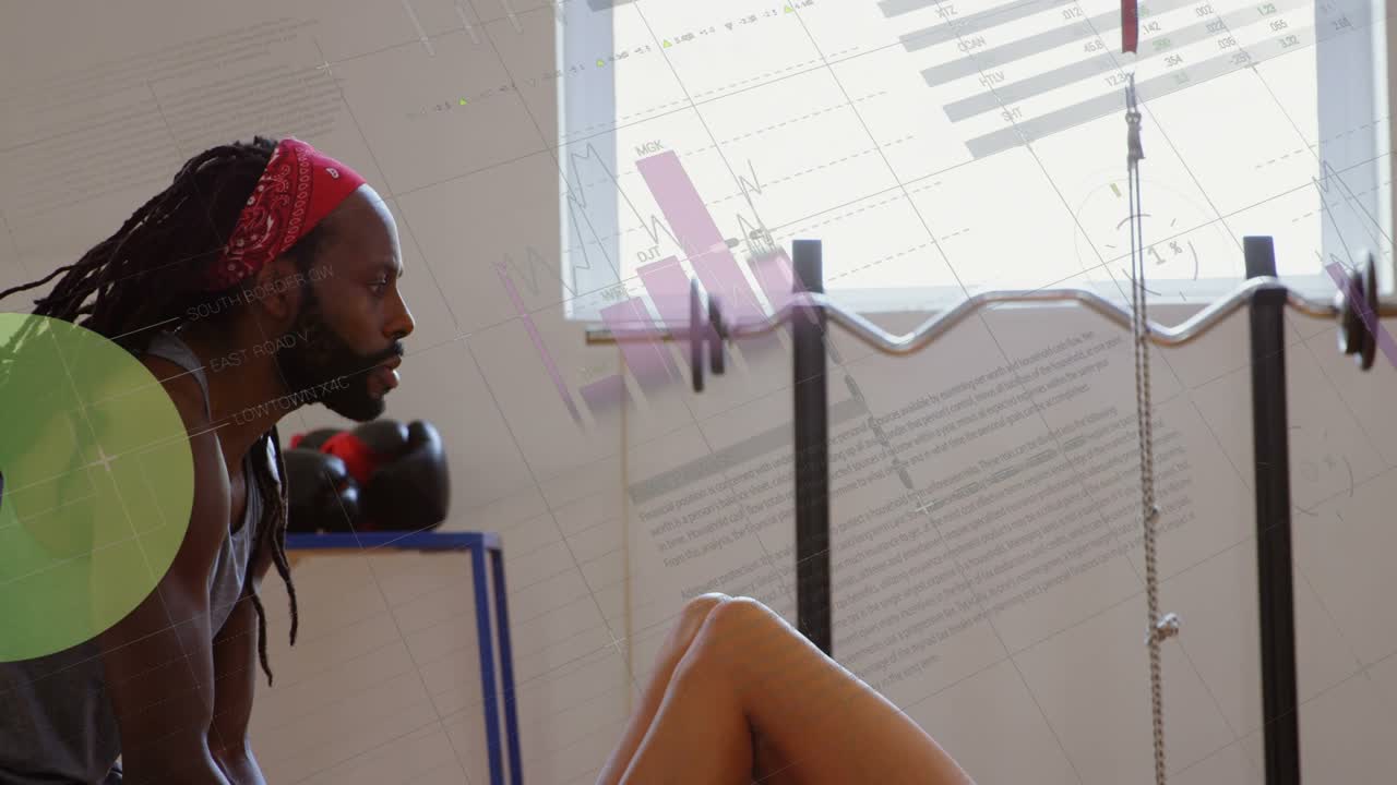 Male trainer cueing female trainee, performing core crunches in gym, animated charts tracking form