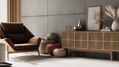 modern living room interior with stylish armchair and cabinet