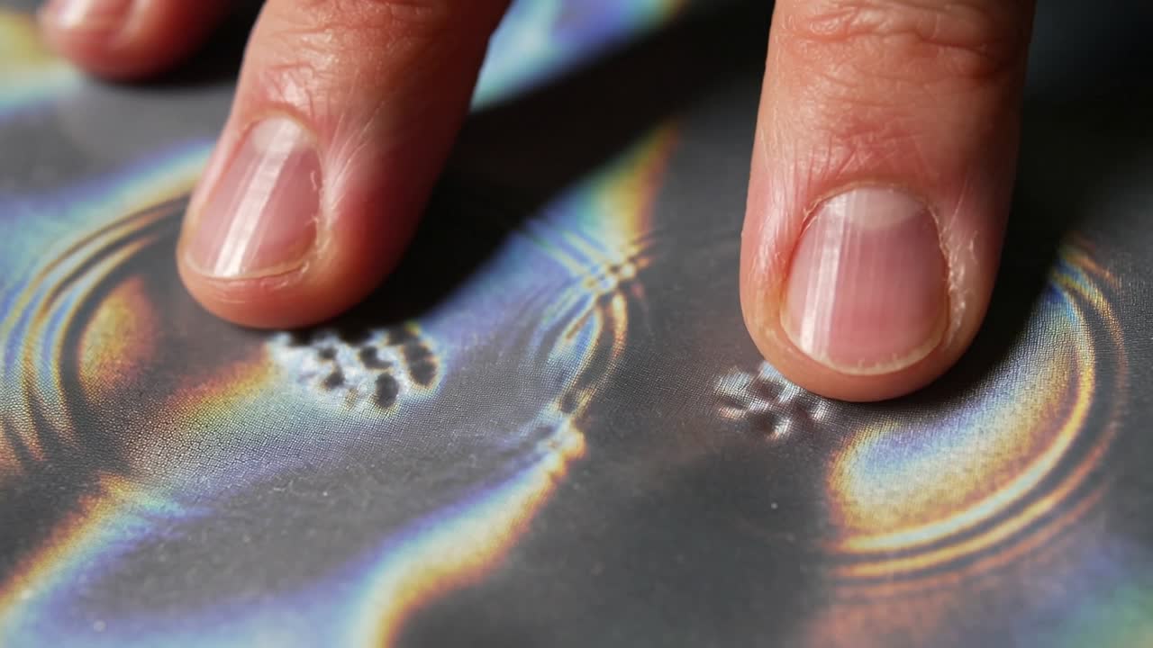 Touching two adjacent fingertips pressing iridescent plate in lab, forming ripples aligning grains