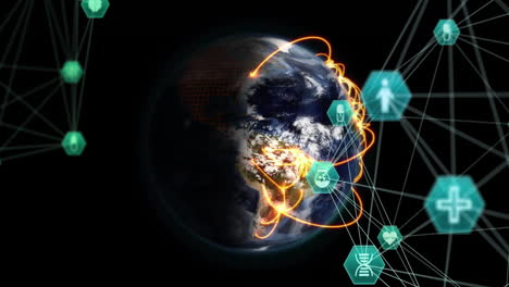 animation of network of connections with icons over globe