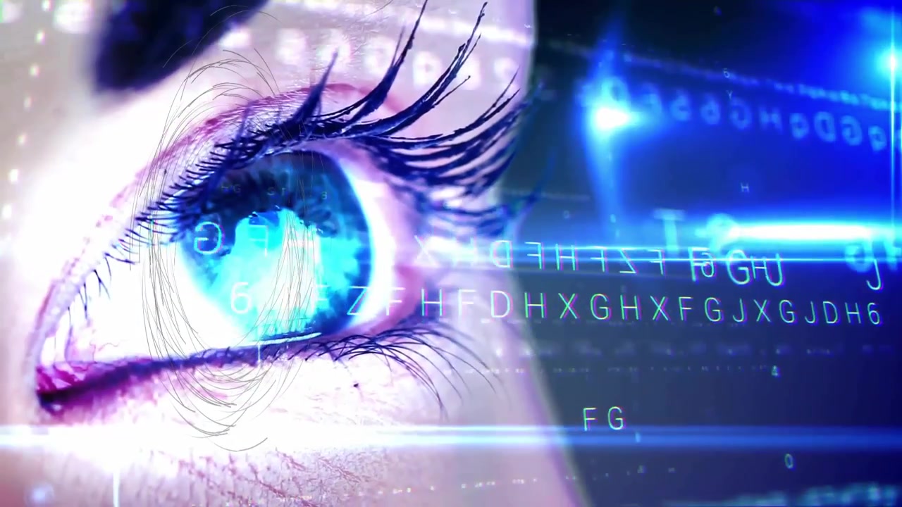 Closed eyelid being scanned with hologram fingerprint overlay and floating blue light streaks
