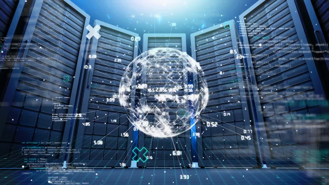 Animation of data processing and globe over server room