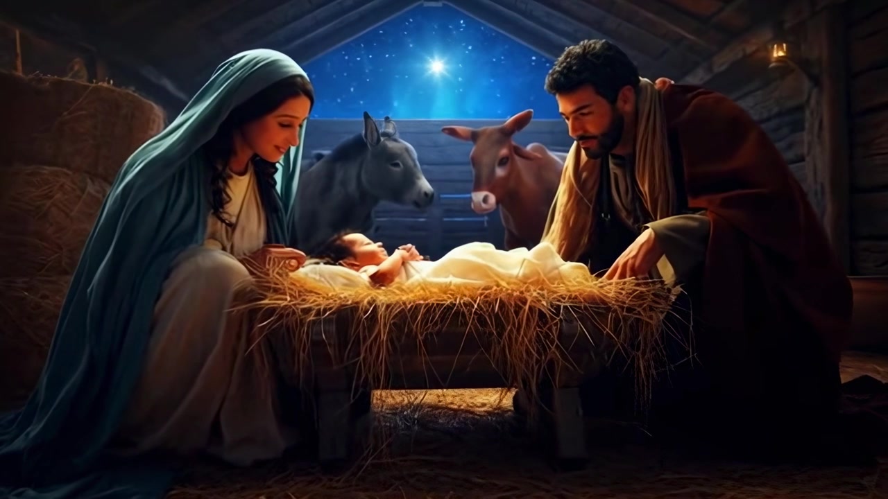 Marie et Joseph veillant sur l'Enfant Jésus dans une crèche