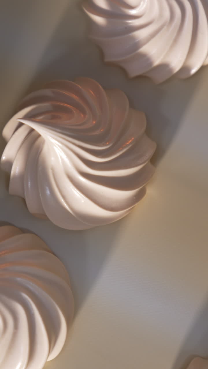 Beautifully shaped white creamy marshmallows moving slowly on conveyor belt. View from above. Close up. Vertical video