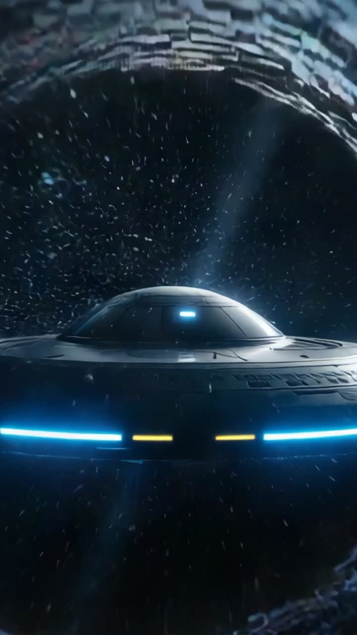 Video verticale: astronave a forma di disco che emerge da un tunnel nello spazio, emettendo strisce di luce giallo-blu