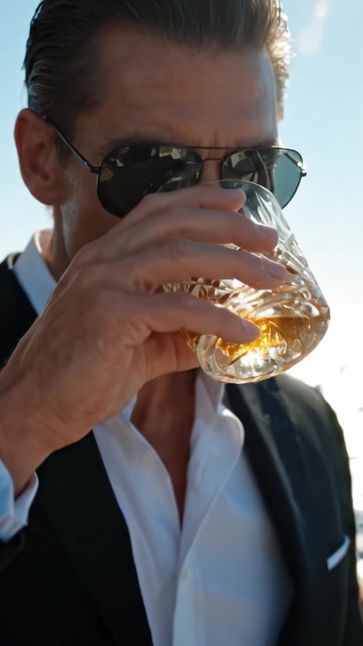 Un uomo sofisticato che si gode un drink su uno yacht, mentre si lascia avvolgere dalla luce del sole e dal suggestivo paesaggio acquatico, catturando un'essenza di lusso e svago.