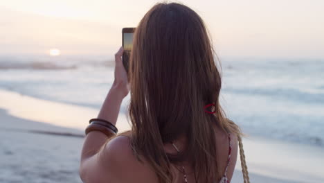 woman, travel and beach with smartphone