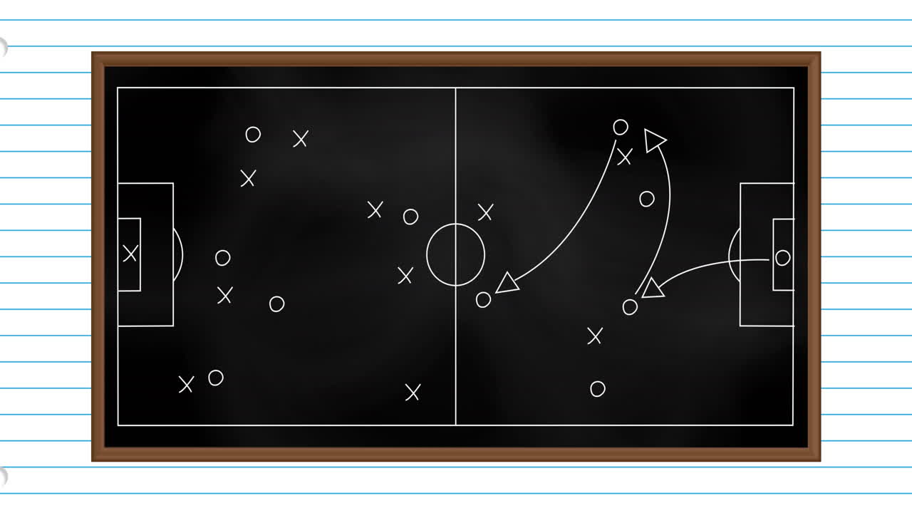 Animation of football game strategy drawn on black chalkboard against white lined paper background