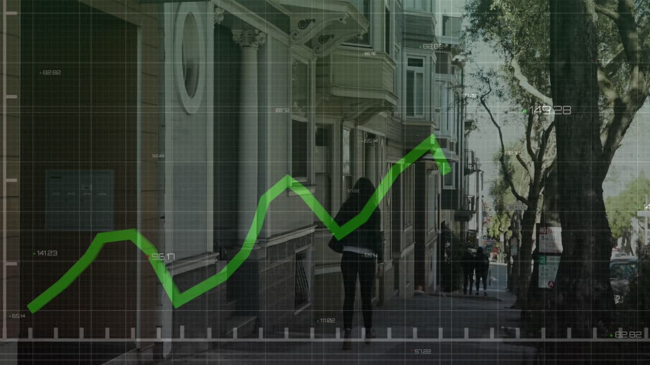 animación del procesamiento de datos financieros sobre diversas personas que caminan por la calle