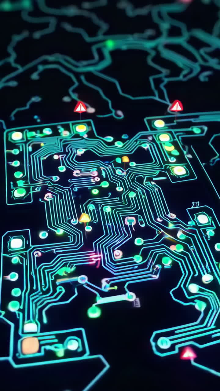 Close-up view of a circuit board with glowing lines and components