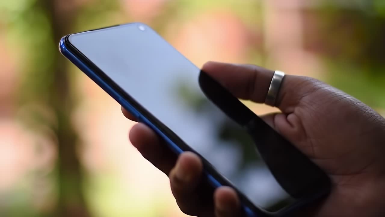 A Close-Up View of a Hand Holding a Smartphone with a Dark Screen Against a Blur of Nature in the Background, Highlighting Modern Technology and Communication