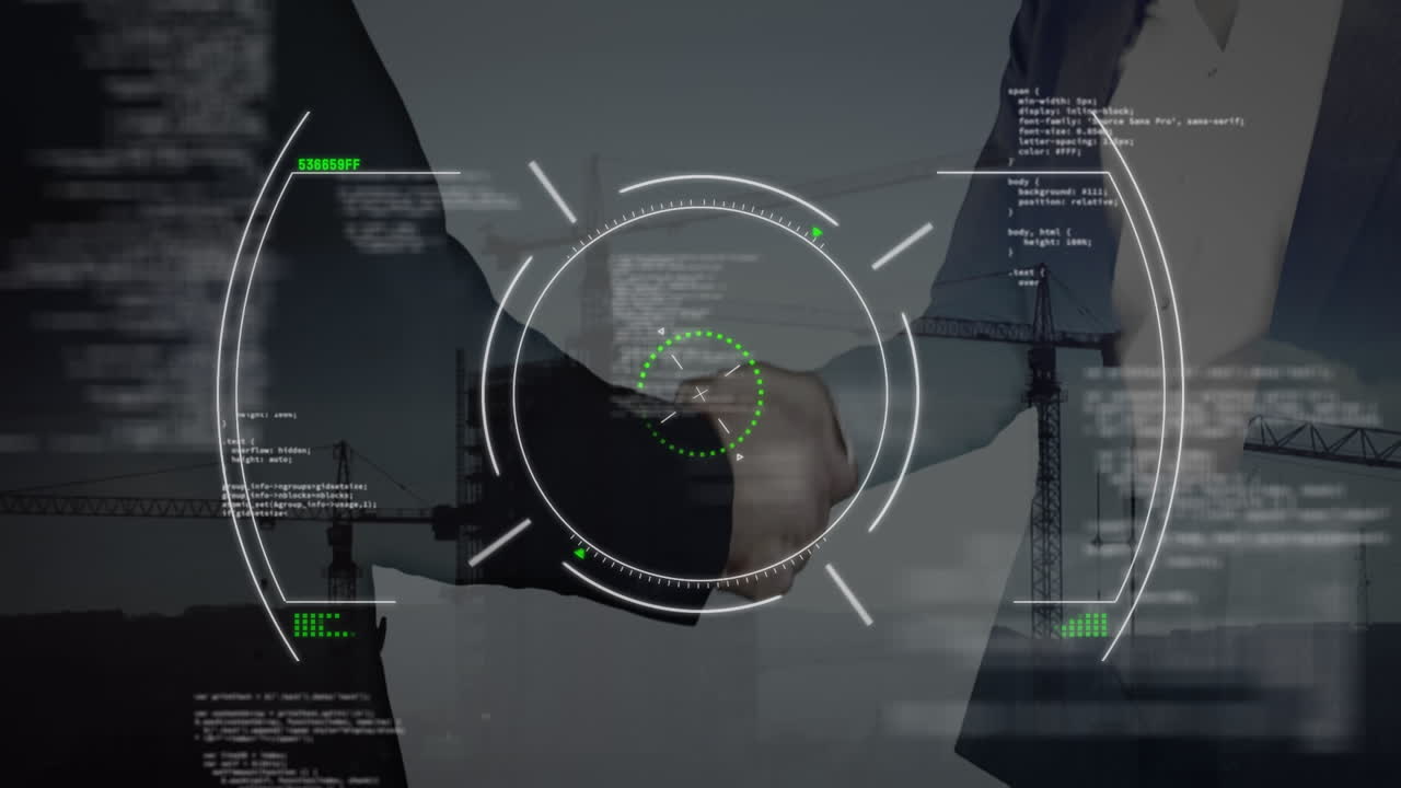 animación de escaneo de alcance y procesamiento de datos sobre personas de negocios estrechando la mano