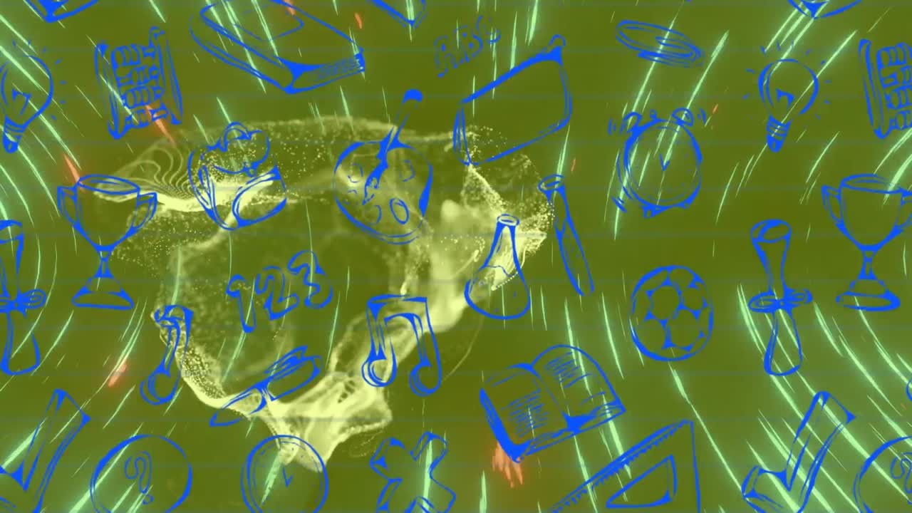 초록색 배경 위에 학교 물건과 에너지의 애니메이션