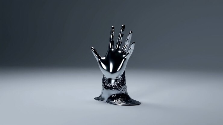 Centered metallic hand stays raised with fingers spread while rippling reflective fluid drains and narrows around the wrist, leaving a polished pedestal on a clean gray surface with soft highlights.