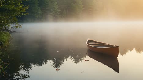 a serene canoe floating on a misty lake at dawn, capturing the tranquility of nature in a peaceful wilderness setting