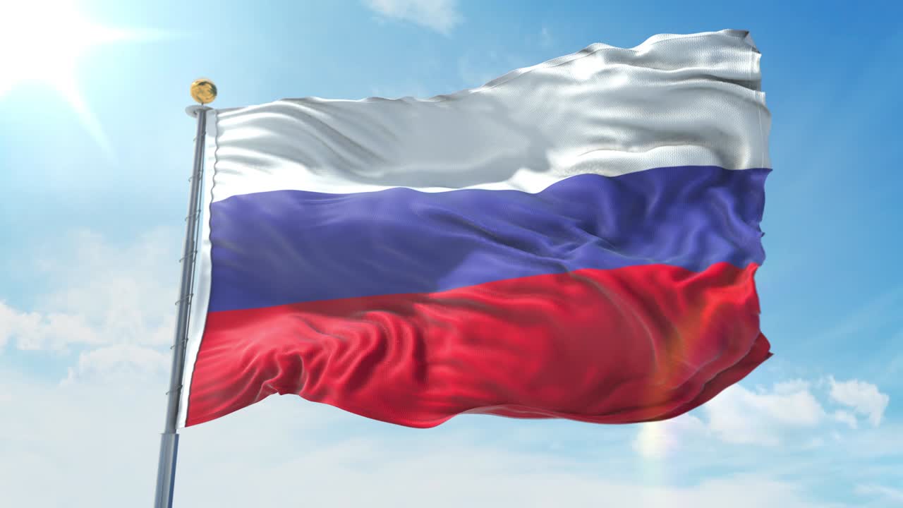 Russische Flagge weht im Wind vor tiefblauem Himmel. Nationales Thema, internationales Konzept. 3D-Render Nahtlose Schleife 4K.