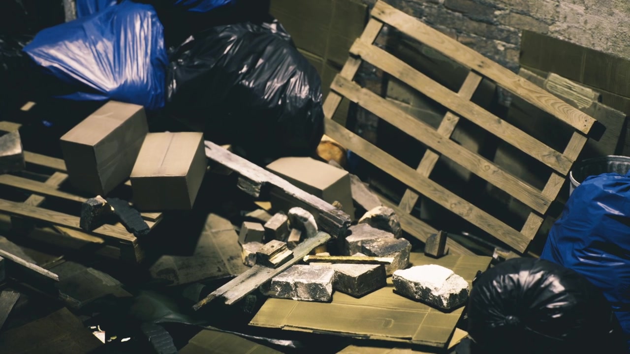 Discarded treasures and urban decay fill a hidden alleyway during nightfall